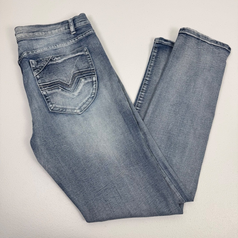 Blue Cult Mens Acid Wash Slim Jeans Light Blue Embroidered‎ Pockets Size 36